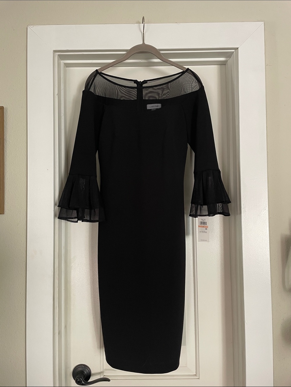 Calvin Klein Size 2 Black Cocktail Mesh Yoke Midi Dress with Ruffle Sleeves